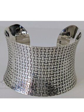 Vintage Sterling Silver Basket Weave Pattern 1.75" Wide Tapered Cuff Bracelet